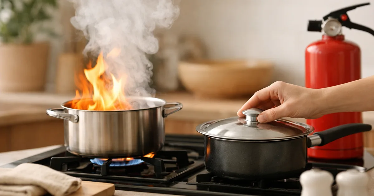 Cooking Fire Safety — Stay by the Pan, Turn Off at Smoke, Smother Small Fires with a Lid (US Fire Administration)