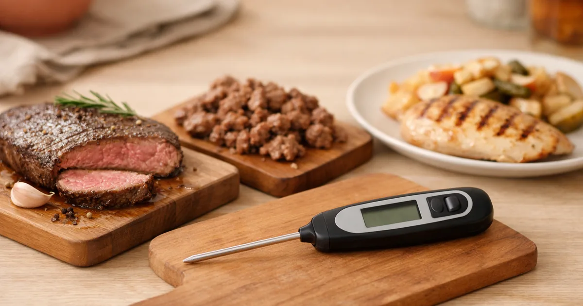 Safe Cooking Temperatures — Steaks and Fish 63°C, Ground Meat 71°C, Poultry and Leftovers 74°C (FoodSafety.gov)