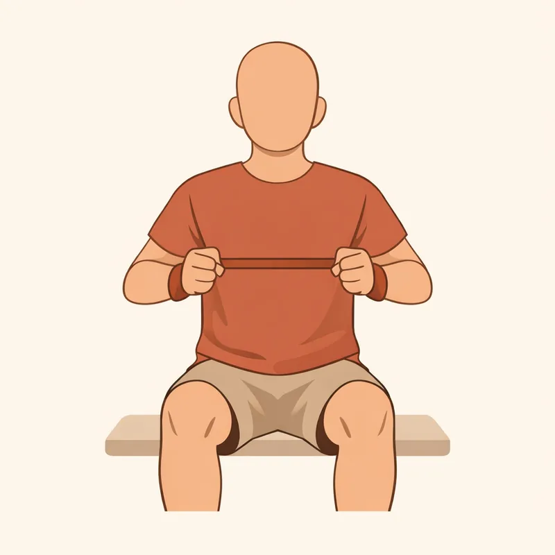 밴드를 양손으로 잡고 날개뼈를 모으며 팔꿈치를 뒤로 당기는 밴드 로우