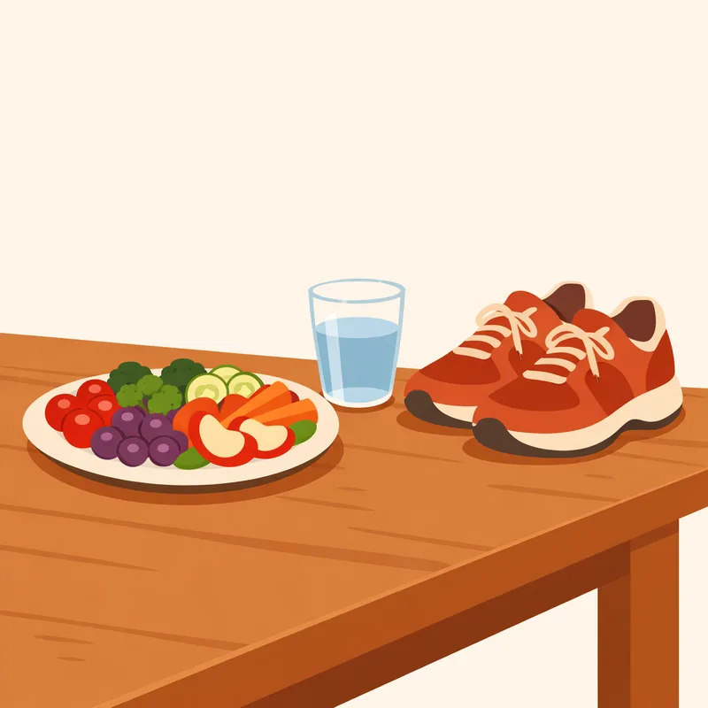 A calm still life of a plate of colourful vegetables and fruit on a table with a pair of walking shoes placed beside it