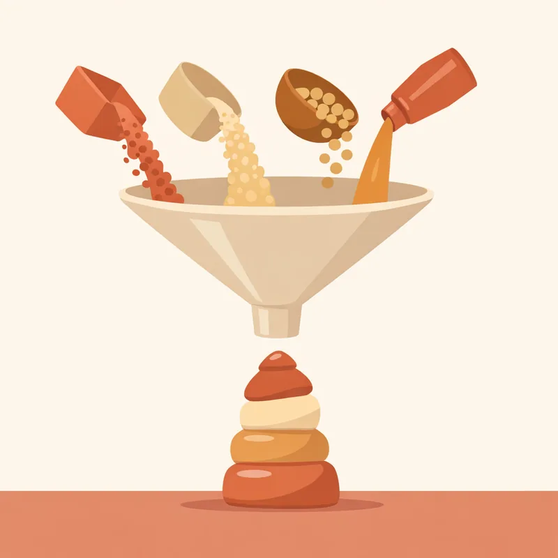 Illustration of income arriving from several separate sources, merging through one funnel and stacking into a single pile