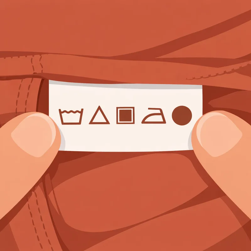 Hands holding open the care label inside a garment to read the washing, bleaching, drying, ironing and dry-cleaning symbols