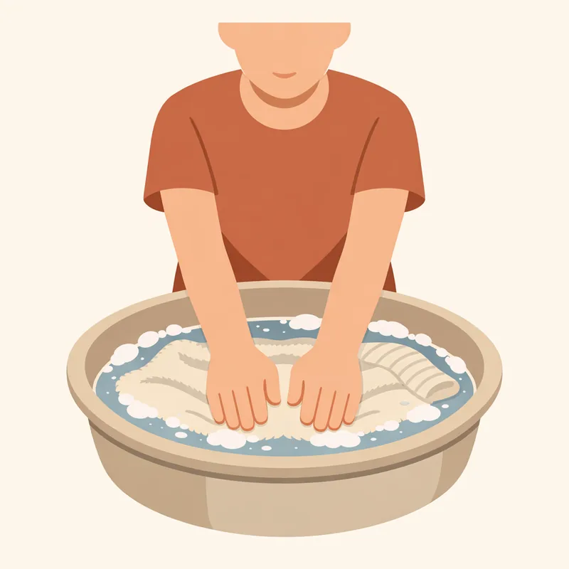 A wool knit submerged in a basin of cold water being gently pressed with flat palms rather than rubbed