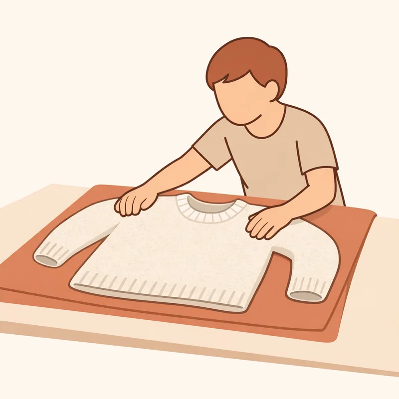 A washed knit laid flat on a dry towel and reshaped by hand to dry horizontally