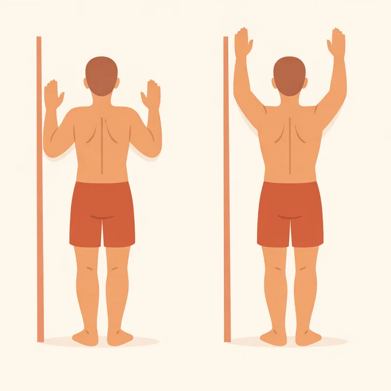 벽에 등을 붙이고 팔을 W자로 대어 위아래로 미끄러뜨리는 벽 천사 동작