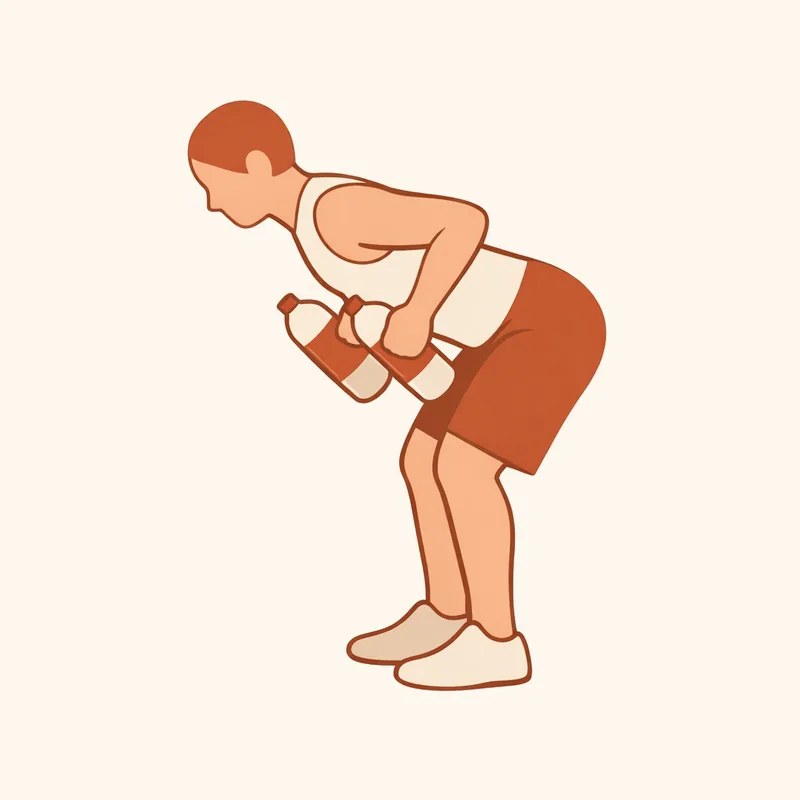 상체를 숙이고 생수병을 배 옆으로 당겨 올리는 벤트오버 로우